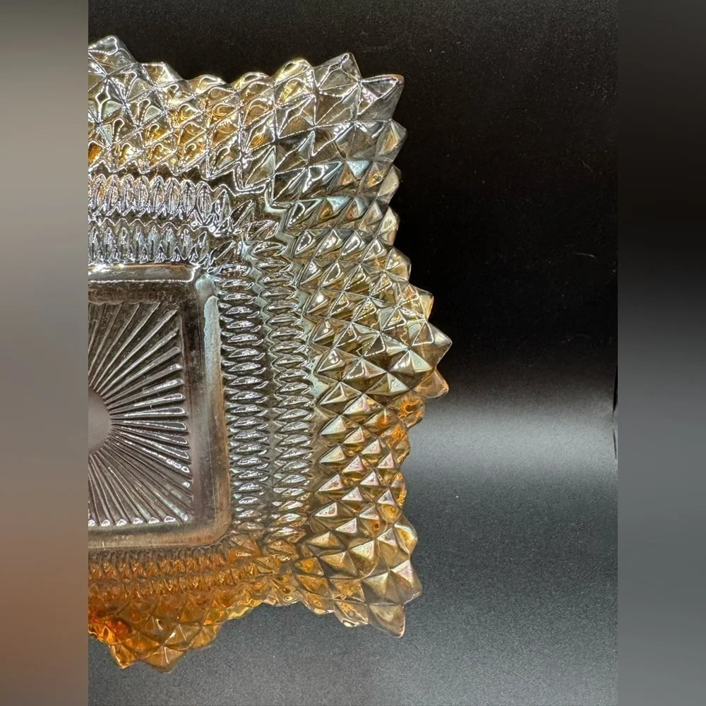 Vtg ‘60s Glass Diamond Block Ruffled Trinket Candy Nut Dish Amber Gold Ashtray